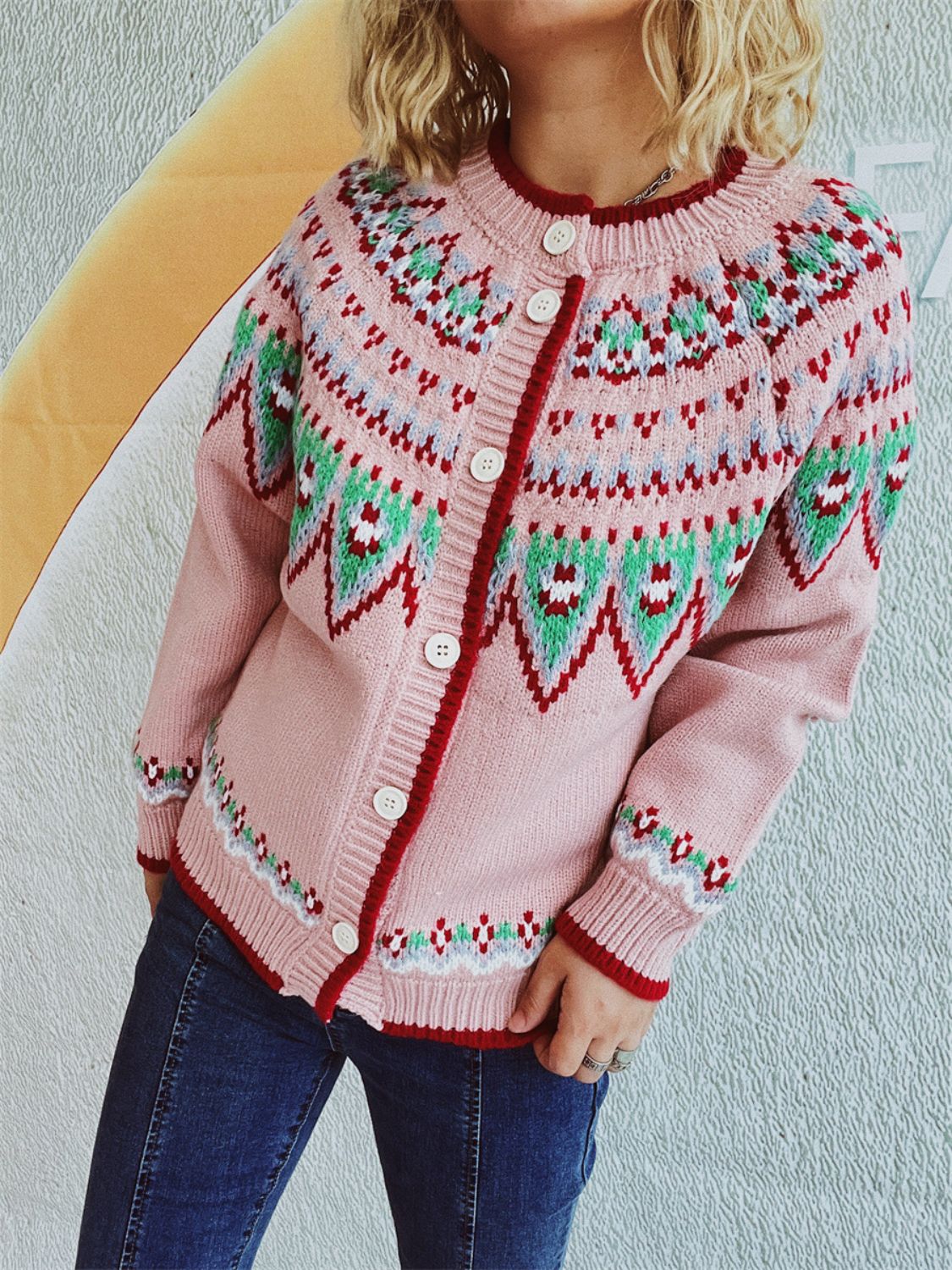 Diana | Long sleeve cardigan with a contrasting geometric crew neck