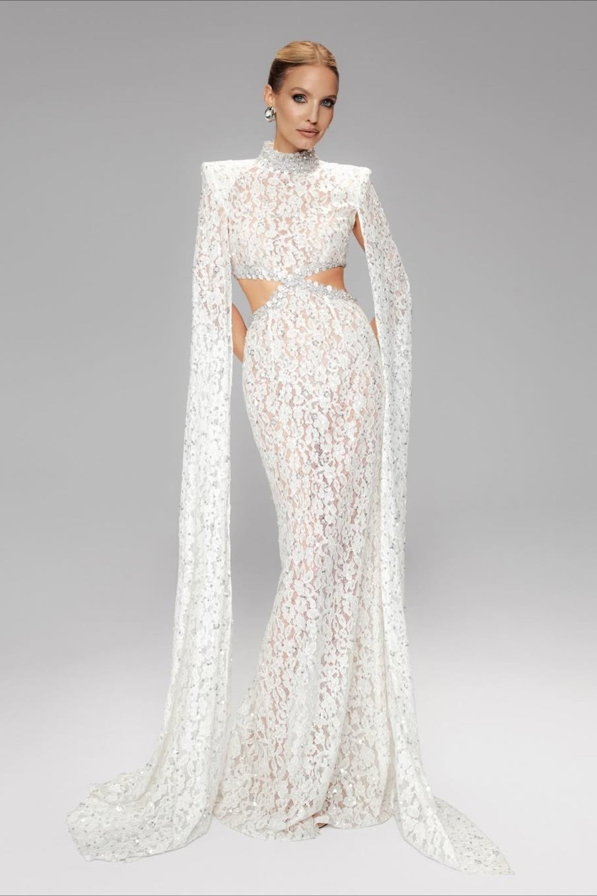 Lace Beaded Sequin Slim Cape Reception Dress