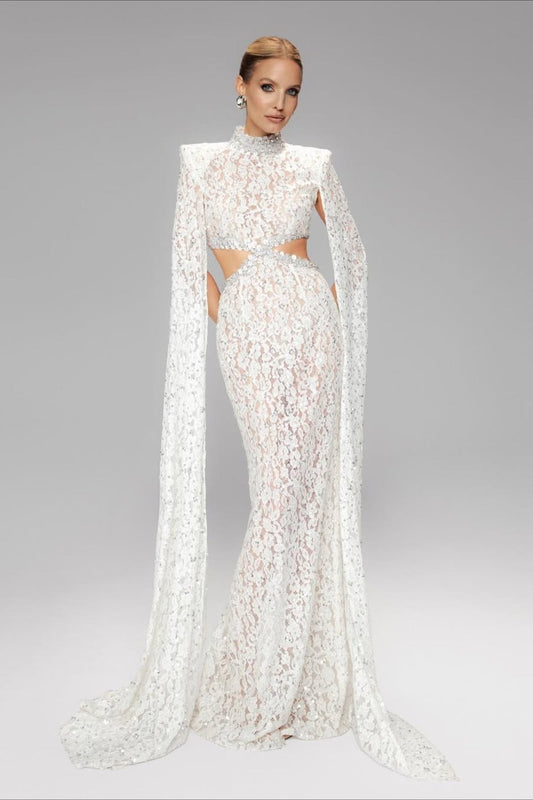 Lace Beaded Sequin Slim Cape Reception Dress