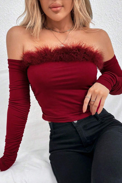 Sexy Off-Shoulder Fur Trim Paneled Long Sleeve Tee