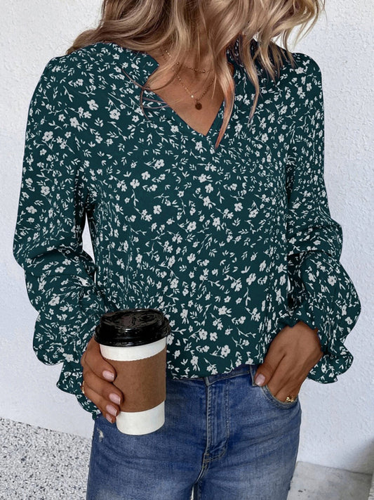 Allison® | Elegant Long-Sleeved Floral Blouse With Ruffle And Notch Collar