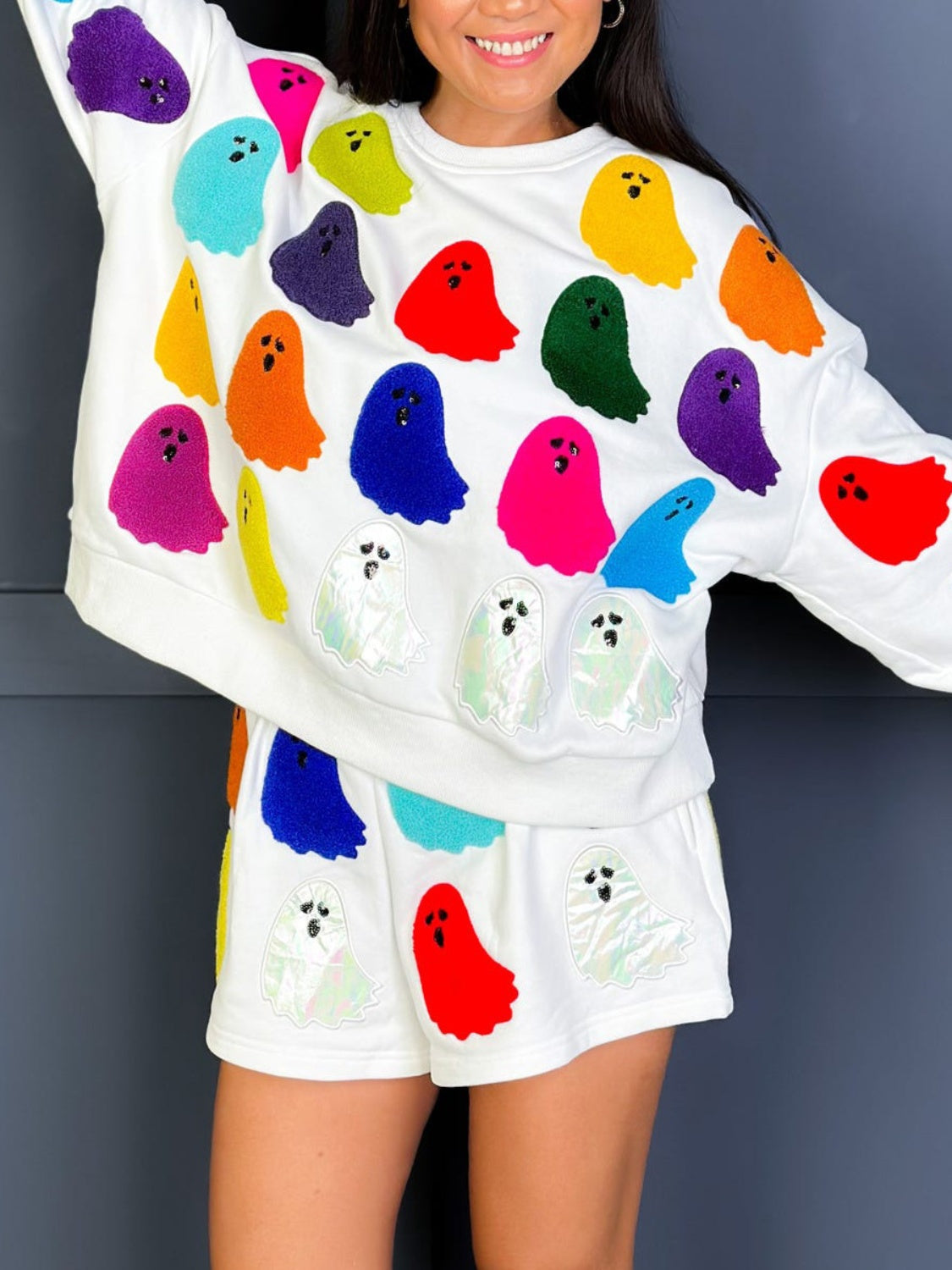 Isabel | Long sleeve crew neck top and shorts set with ghost print