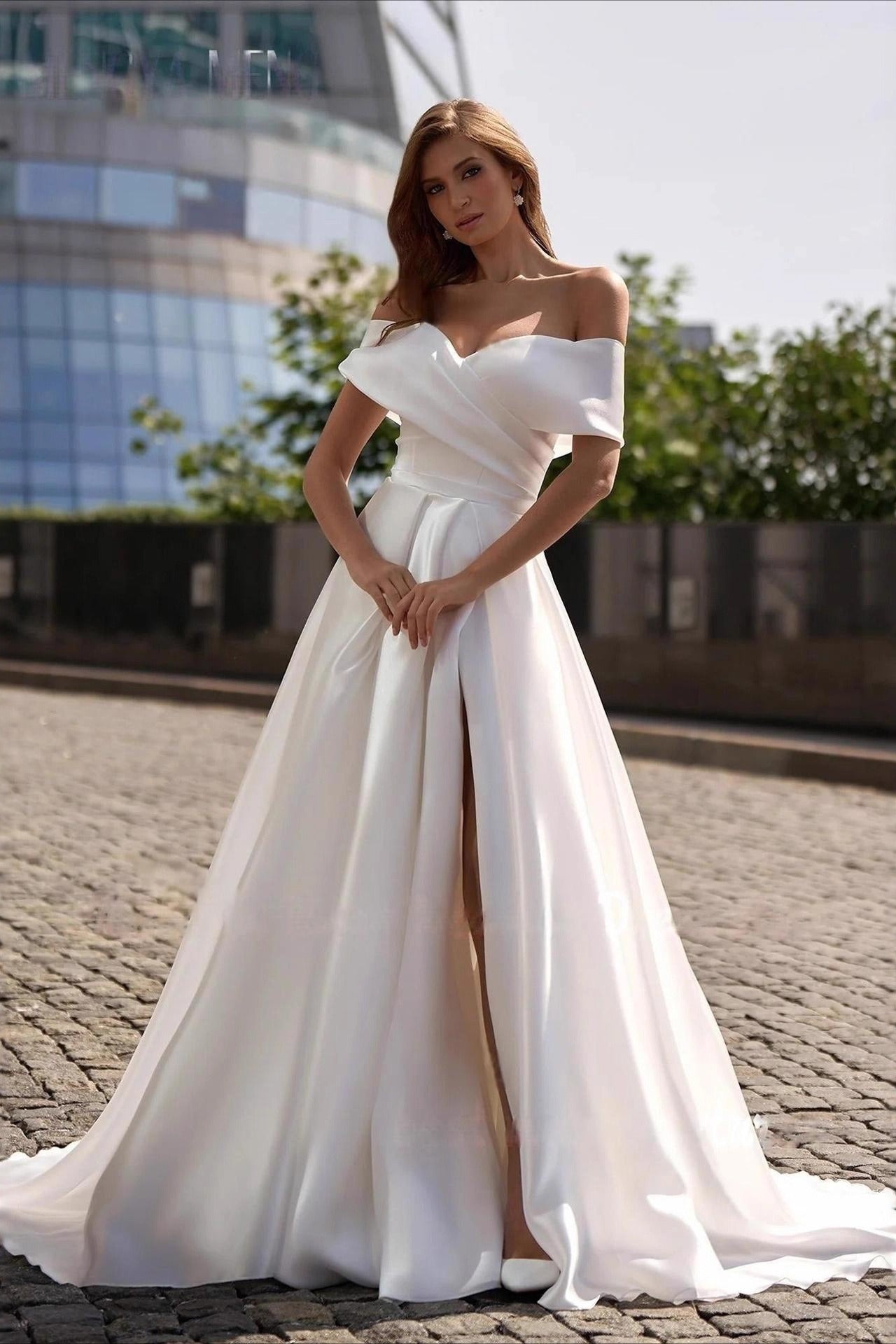 Simple Satin Cross Off Shoulder Train Wedding Dress