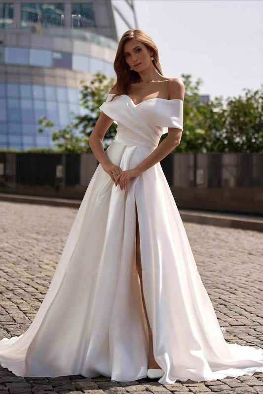 Simple Satin Cross Off Shoulder Train Wedding Dress