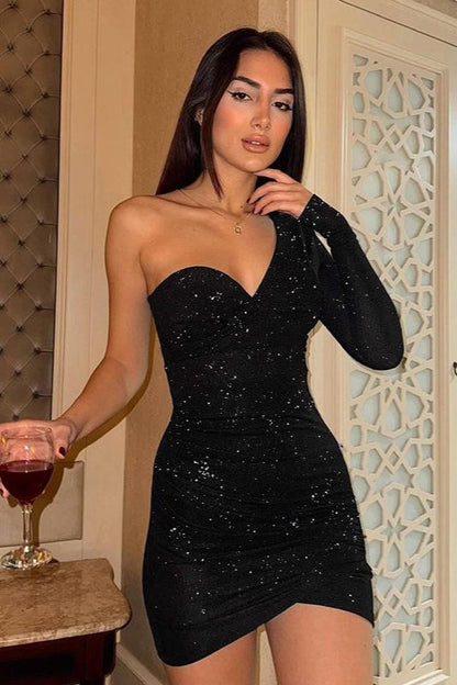 Shimmer One-Shoulder Long Sleeve Ruched Sexy Bodycon Party Dress