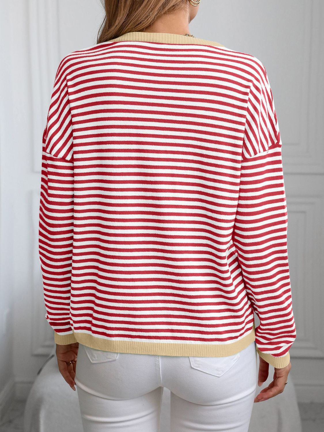 Melina | Striped long-sleeved knit top with V-neck and contrast trim