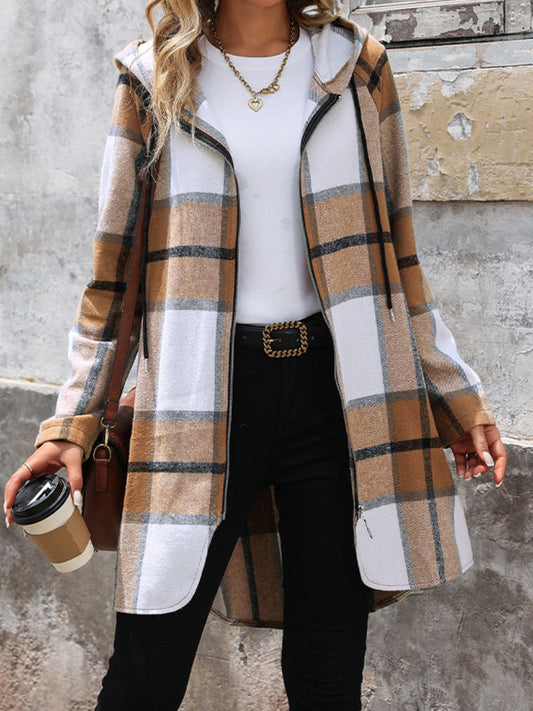 Lorena | Long sleeve hooded outerwear with drawstring and check zip