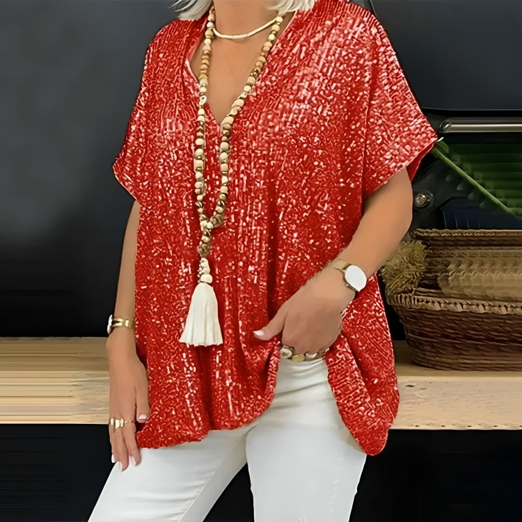 Kira® | Loose V-Neck Sequin T-Shirt