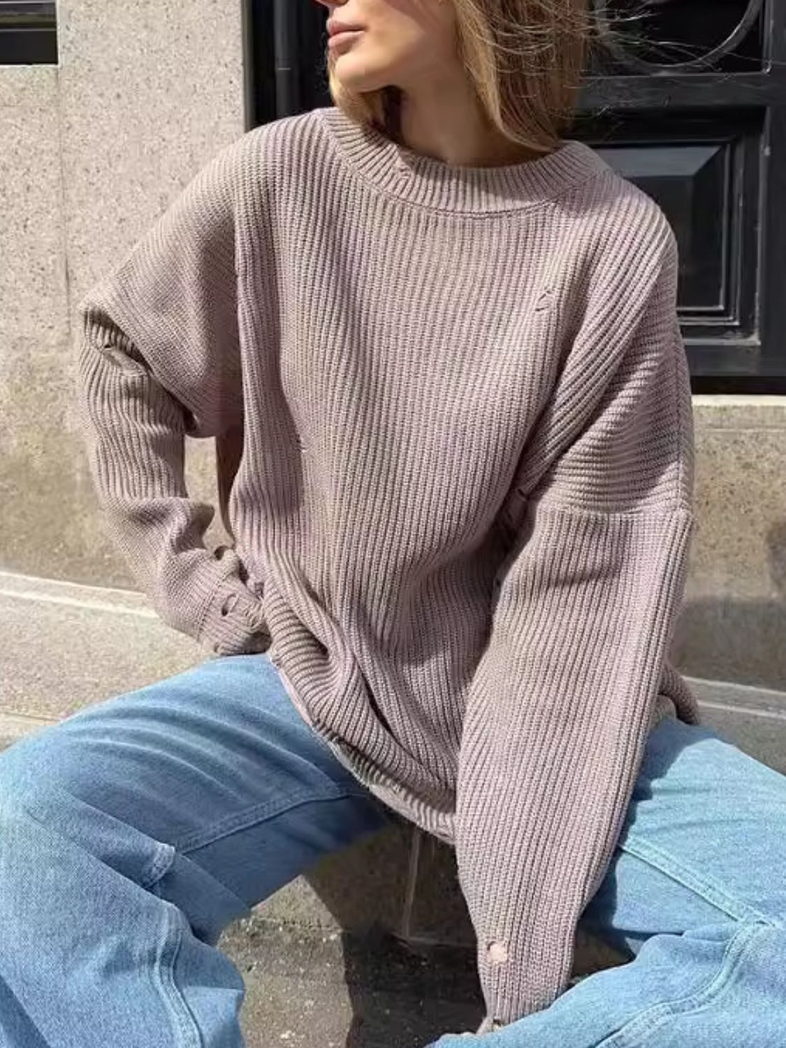 Brigitta | Long-sleeved crew-neck sweater with a distressed look