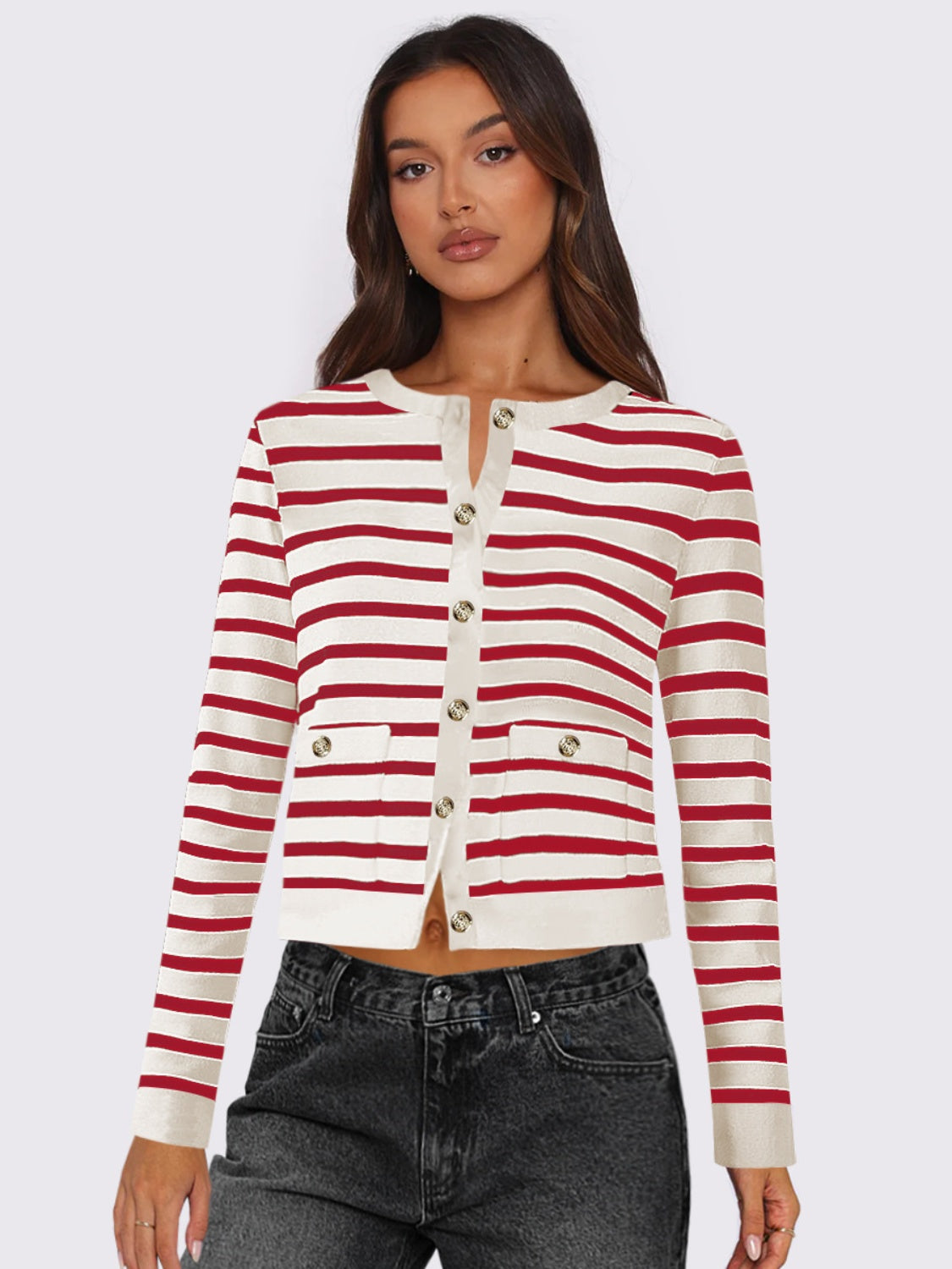 Gabriela | Striped, long-sleeved cardigan with button placket and crew neck