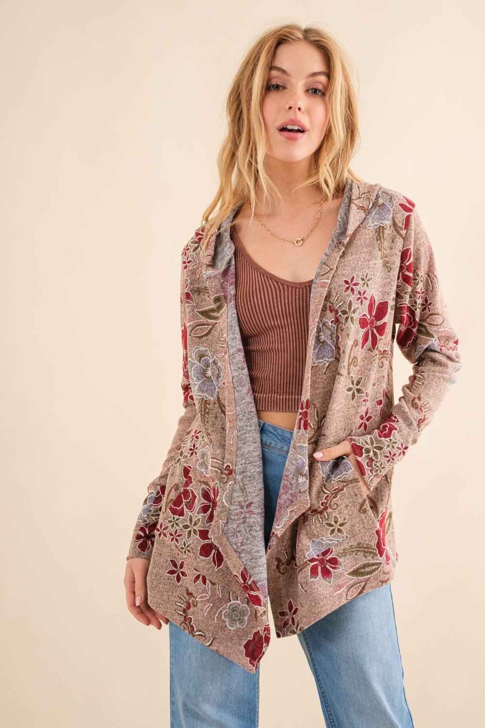 Yasmina | And the Why Floral thermal cardigan with hood and open front
