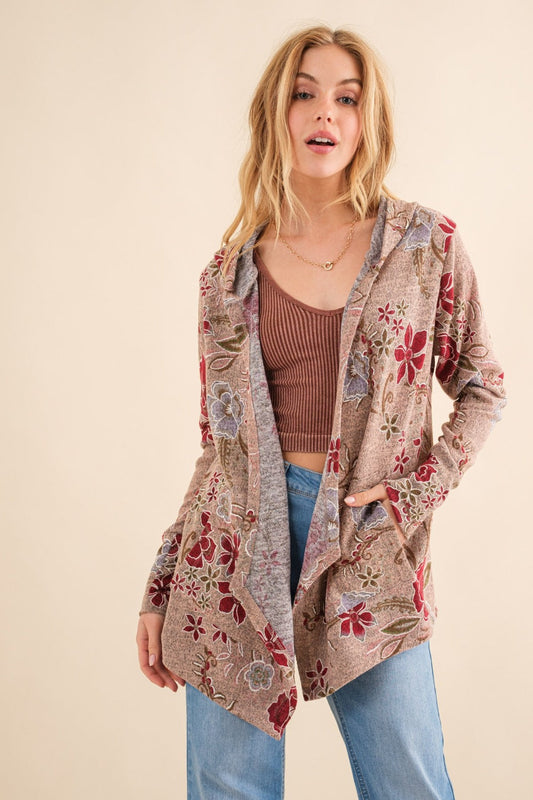 Yasmina | And the Why Floral thermal cardigan with hood and open front