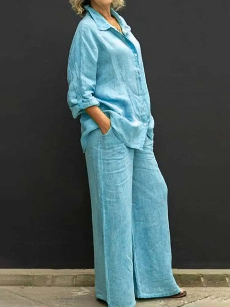 Juliana® | Long Sleeve Button Blouse And Loose Straight Trousers For Women