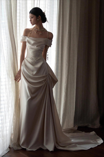 Off Shoulder Satin Train Reception Dress