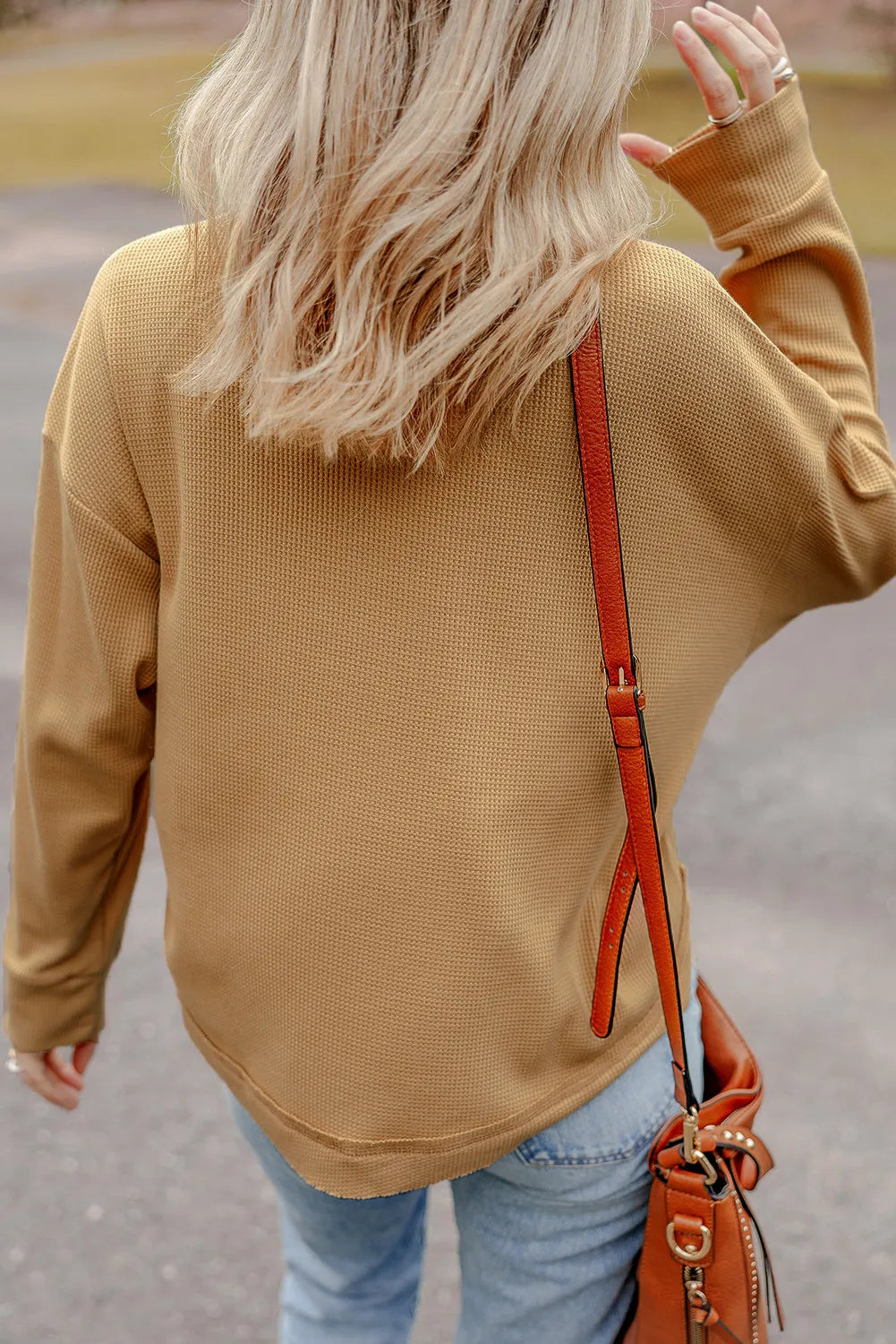 Jutta | Half button waffle knit crew neck top
