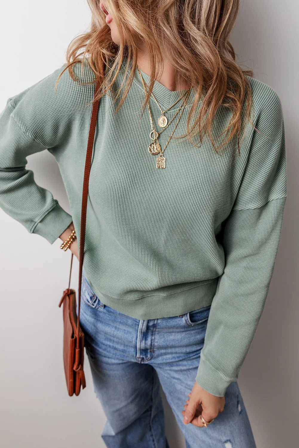 Avelina | Waffle knit top with long sleeves and dropped shoulders