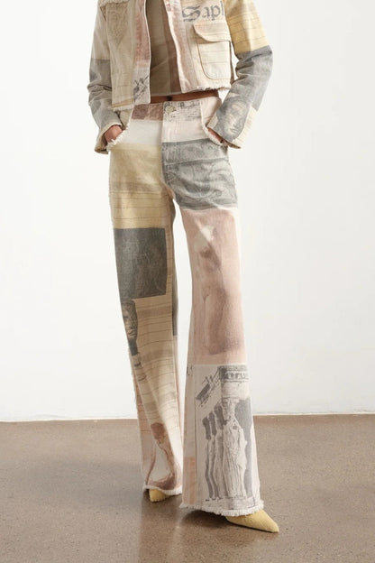 Vintage Newspaper Print Straight Leg Jeans