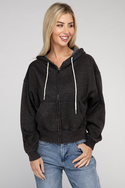 Fabiana | Cropped acid wash fleece zip-up hoodie