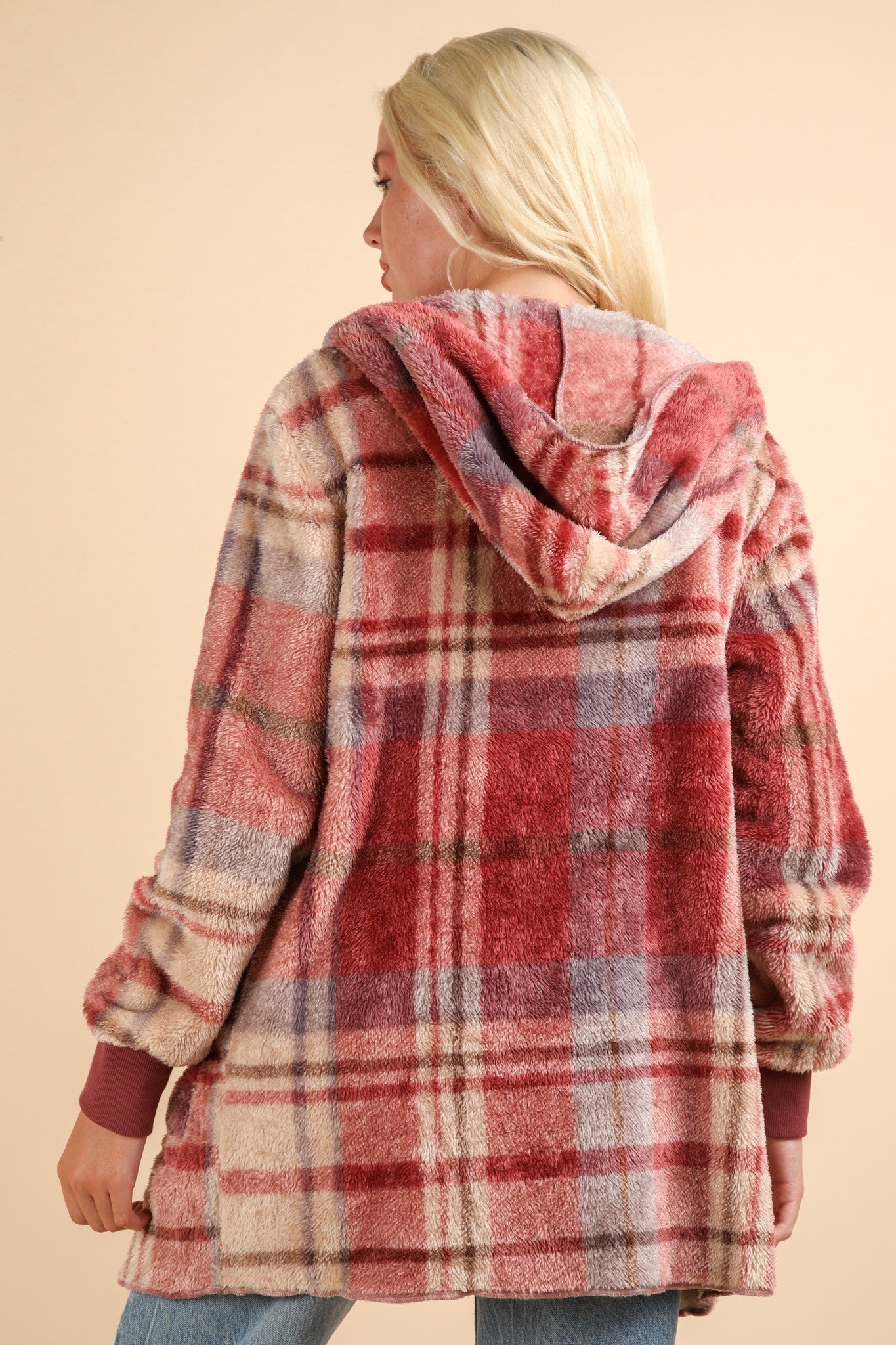 Paloma | VERY J Fuzzy Plaid Long Sleeve Hooded Jacket