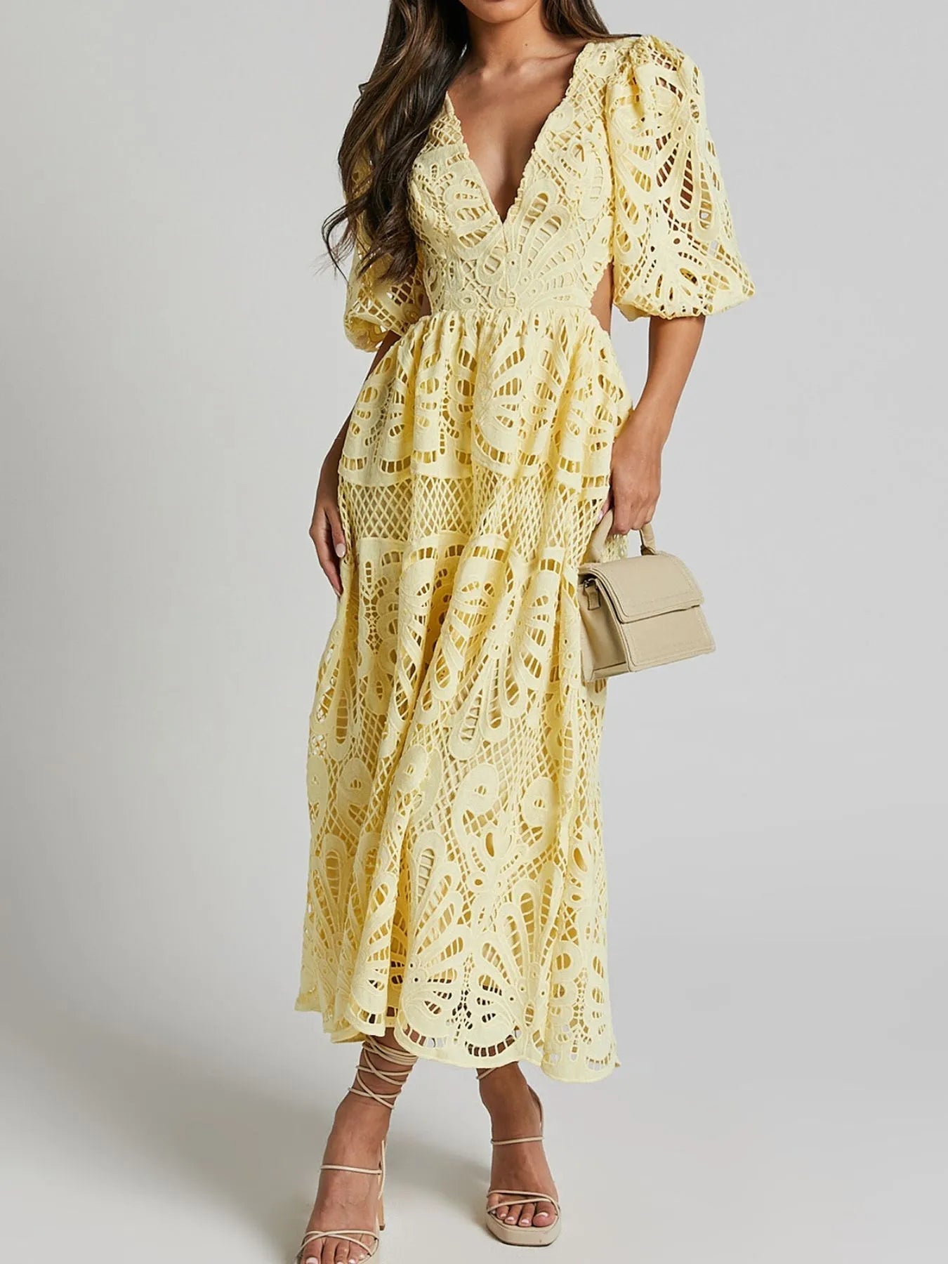Rachele® | Elegant Long Lace Dress With V-Neck And Open Back