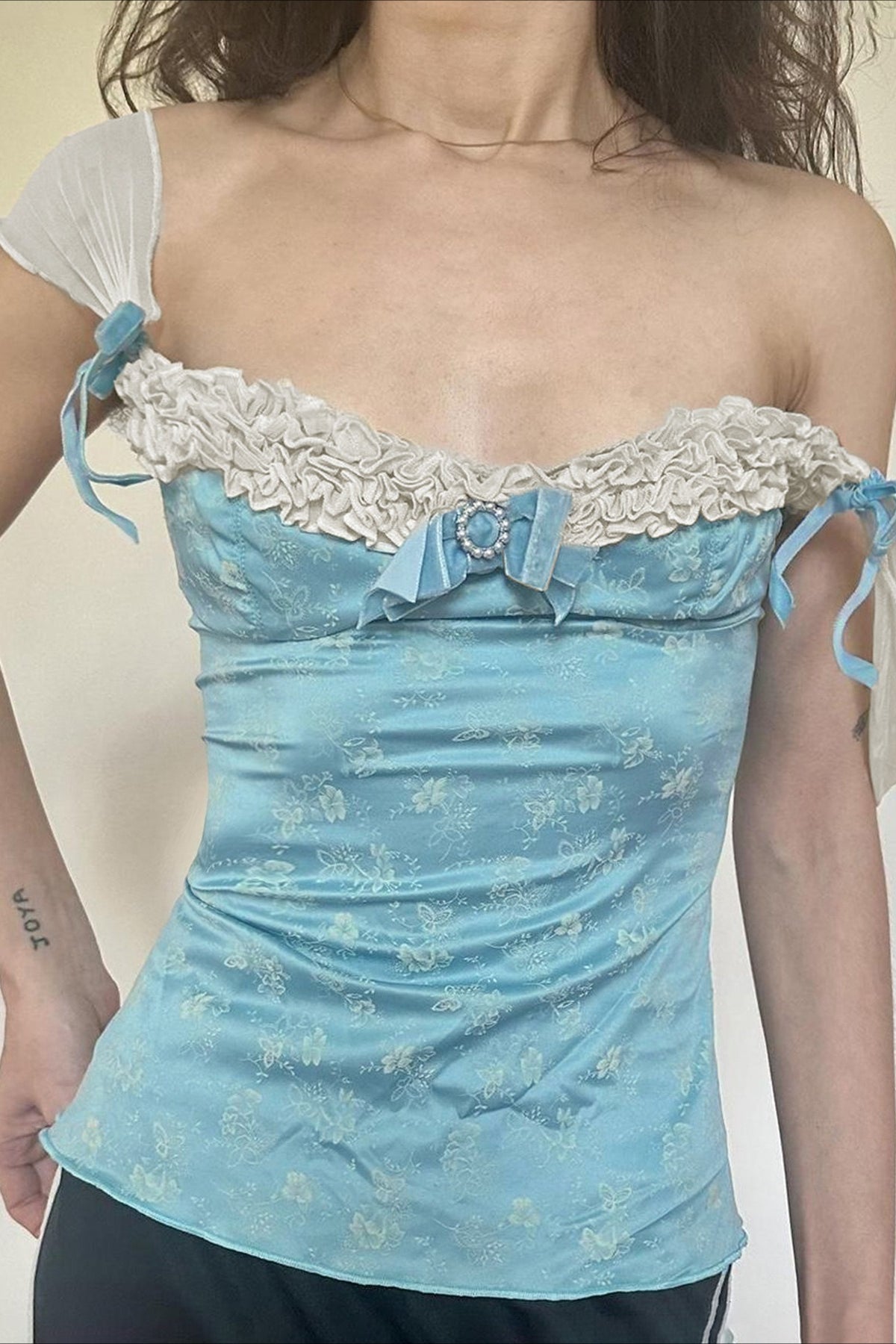 Lace Bow Floral Print Square Neck Fitted Tank Top