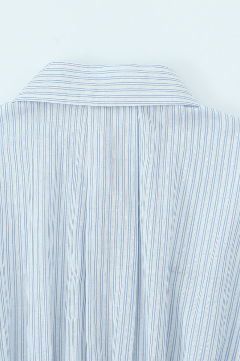 Striped Long Sleeve Shirt High Waist Tie Mini Skirt Set