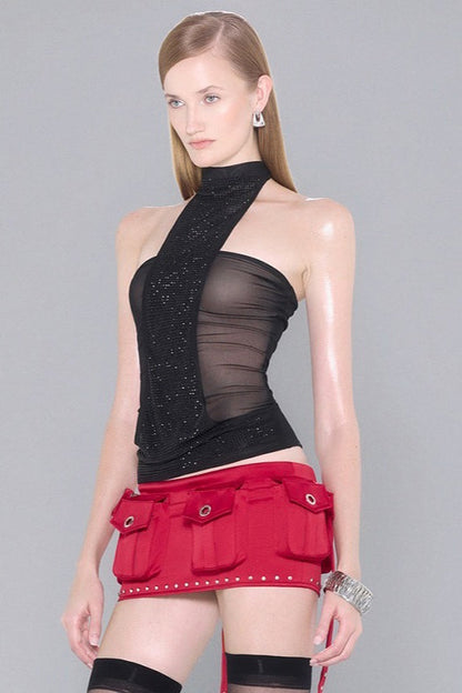 Rhinestone Sequin Scarf Sheer Tank Top