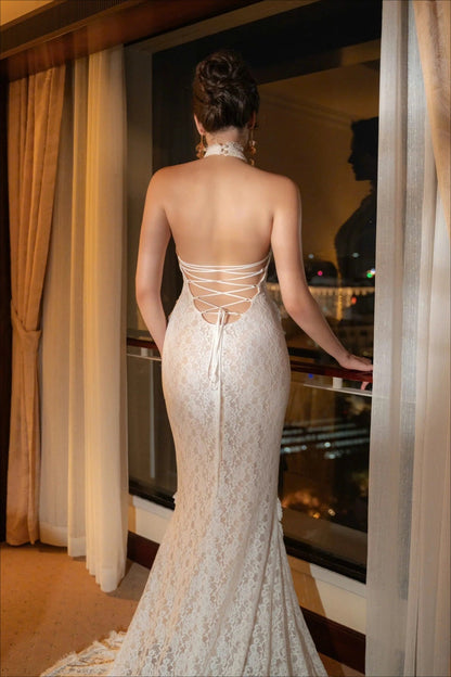 Vintage Lace Off Shoulder Mermaid Train Reception Dress