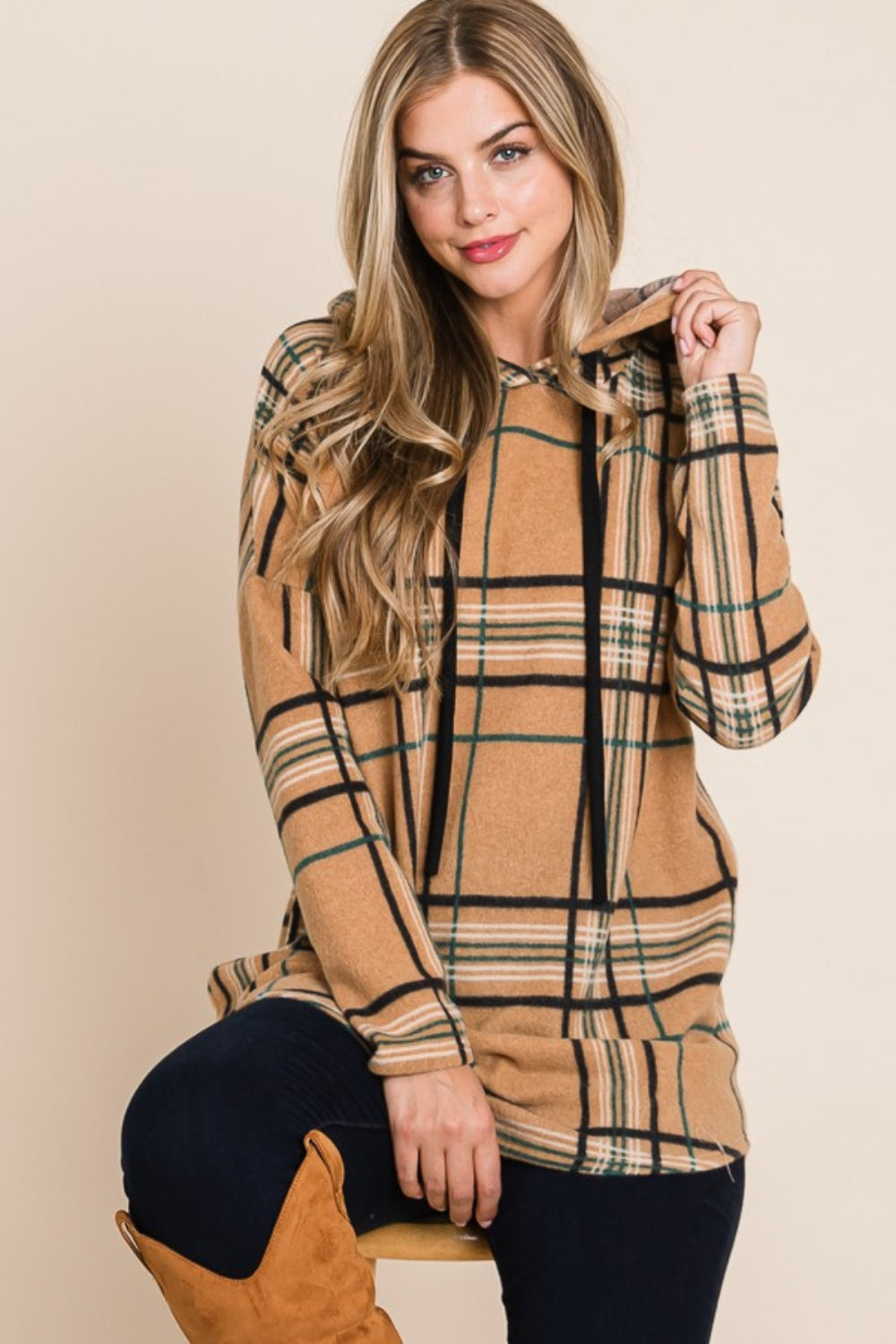 Elfriede | Drawstring hoodie with check pattern and long sleeves