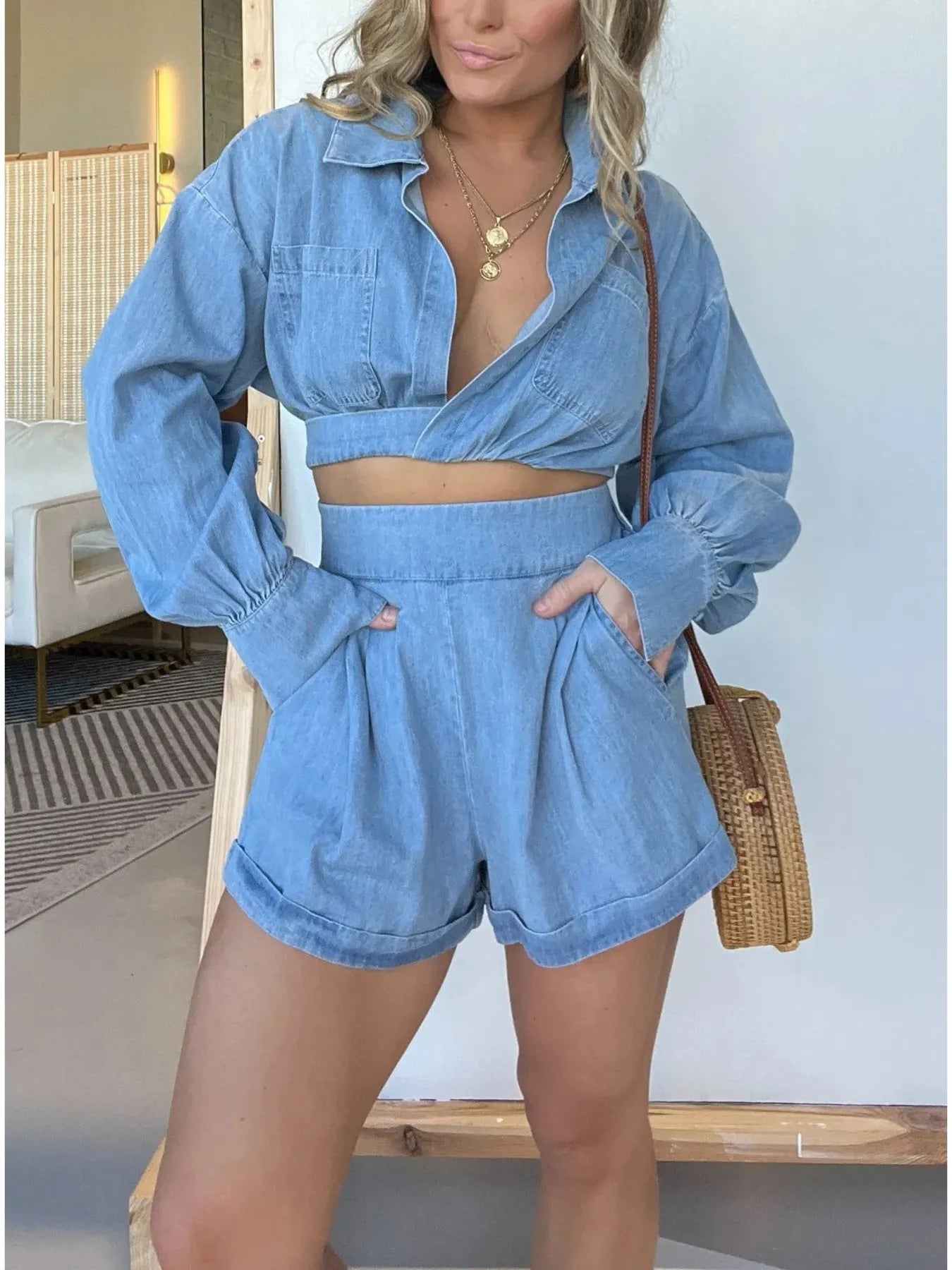 Vittoria® | Stylish Long-Sleeved Denim Tee And Shorts Set