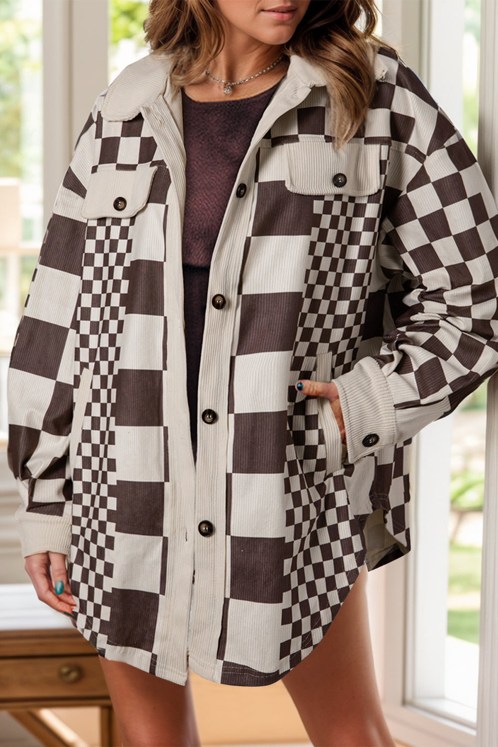 Ariadna | Checked button-down jacket with pockets and long sleeves