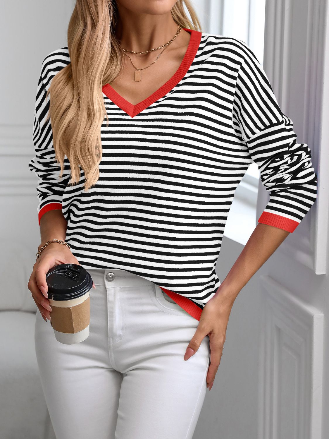 Melina | Striped long-sleeved knit top with V-neck and contrast trim
