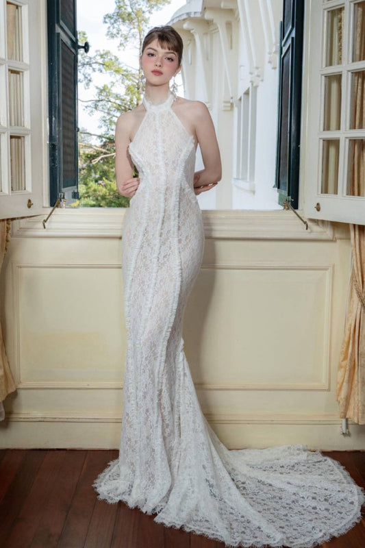 Vintage Lace Off Shoulder Mermaid Train Reception Dress