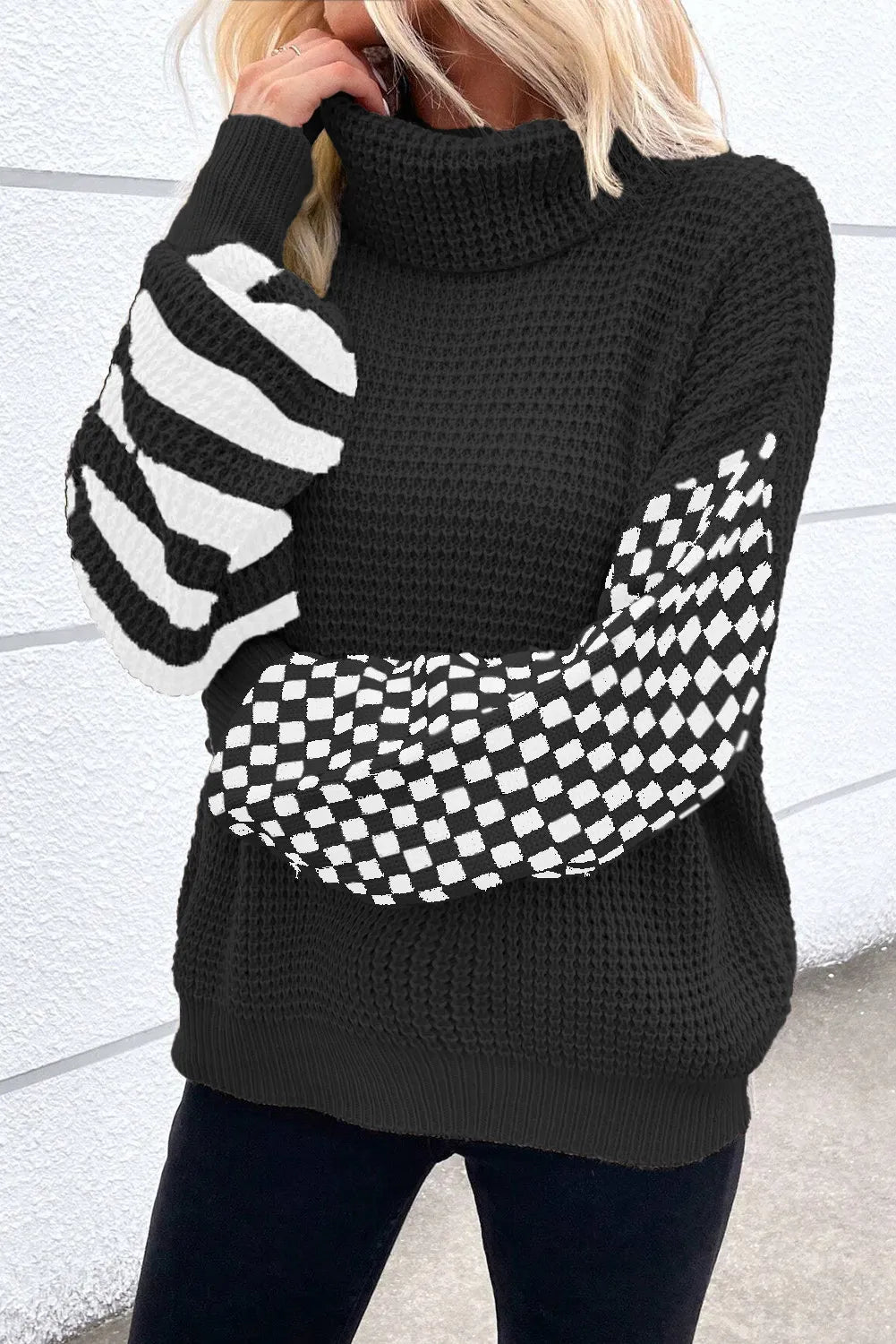 Agnieszka | Checked striped turtleneck sweater with long sleeves