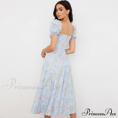 Daisy Printed Puff Sleeve High Classic Slit Smock Maxi Sundress - Green