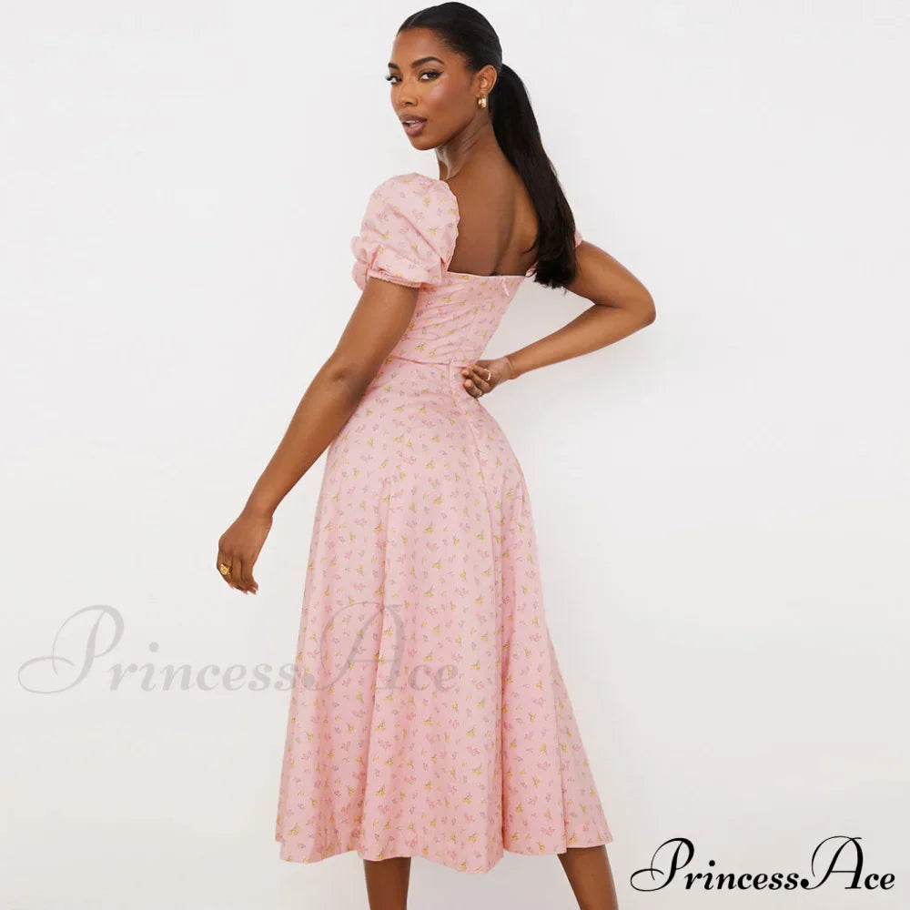 Daisy Printed Puff Sleeve High Slit Sophisticated Smock Maxi Sundress - Light Blue