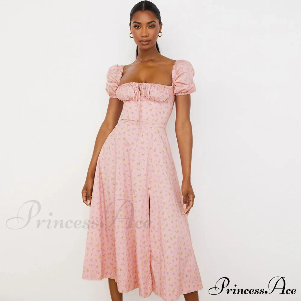 Daisy Printed Puff Sleeve High Slit Sophisticated Smock Maxi Sundress - Light Blue