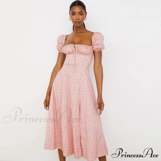 Daisy Printed Puff Sleeve High Slit Sophisticated Smock Maxi Sundress - Light Blue