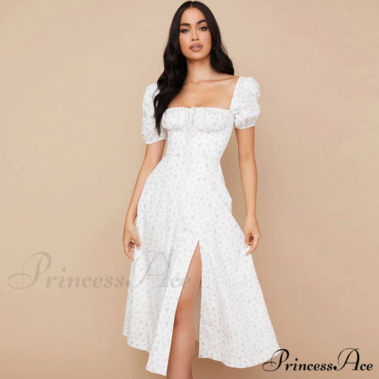 Daisy Printed Puff Sleeve High Slit Sophisticated Smock Maxi Sundress - Sky Blue