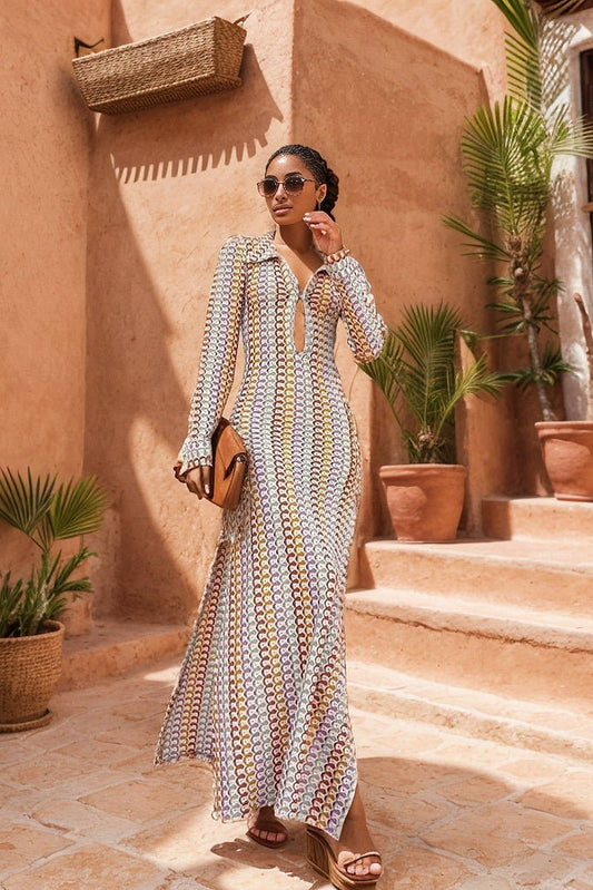 Wanda® | Crochet V-Neck Collar Maxi Dress