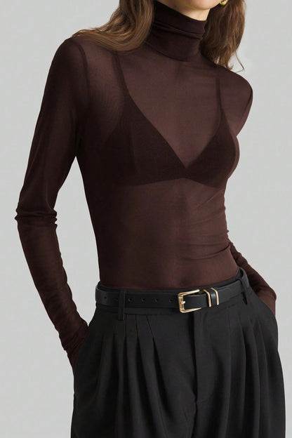 Stand Collar Solid Mesh Slim Fit Long Sleeve Tee