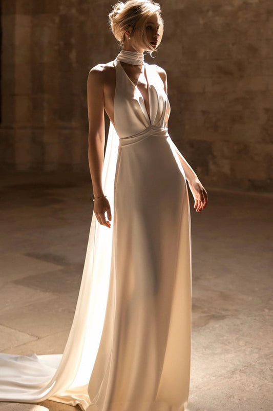 Deep V Halter Minimalist Train Reception Dress