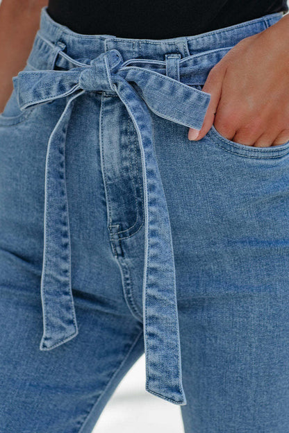 Stretch Slim Fit Tie Waist Wide Leg Bootcut Jeans