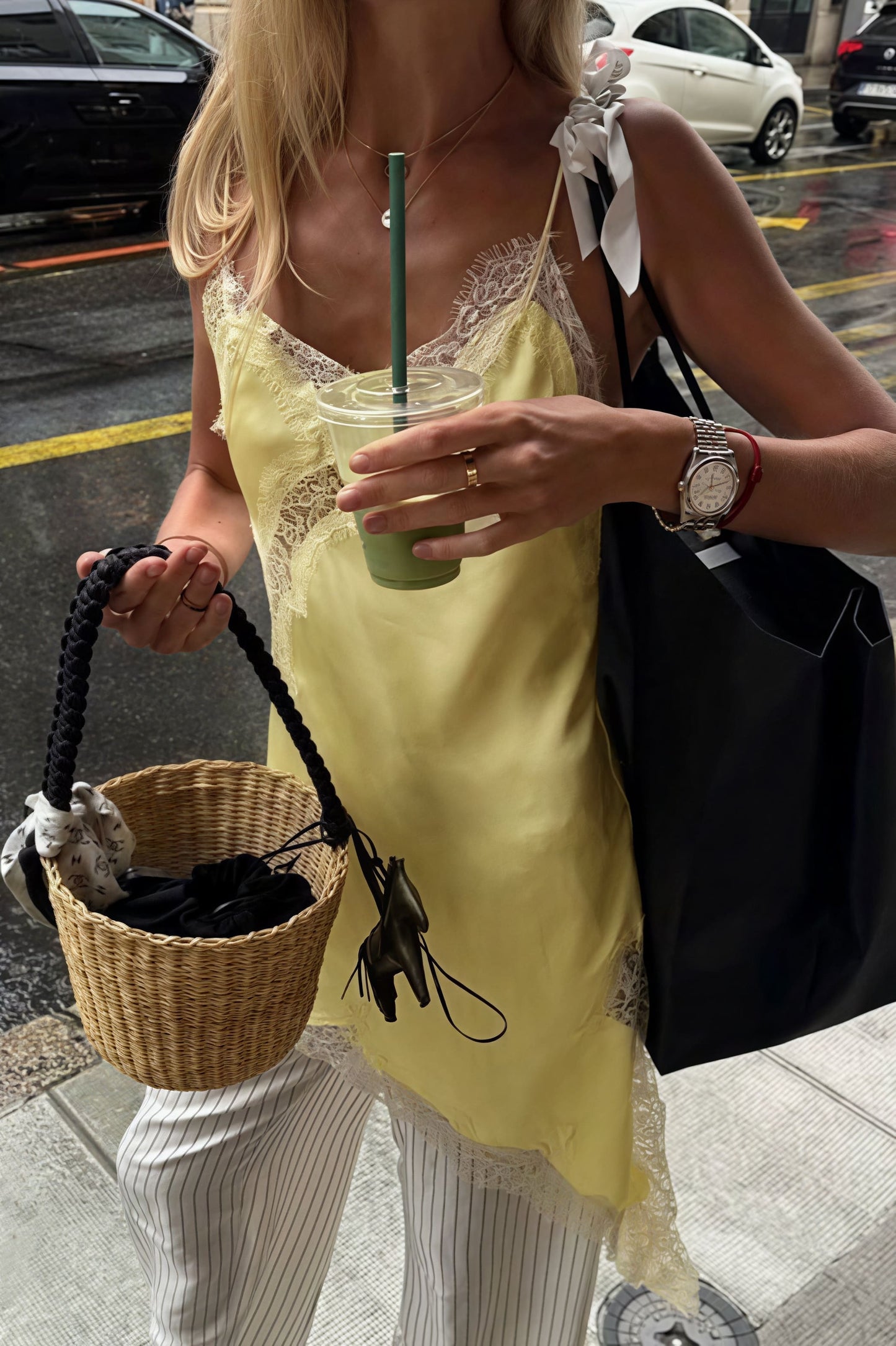 Lace Trim Patchwork Low Cut Asymmetrical Slit Cami Top