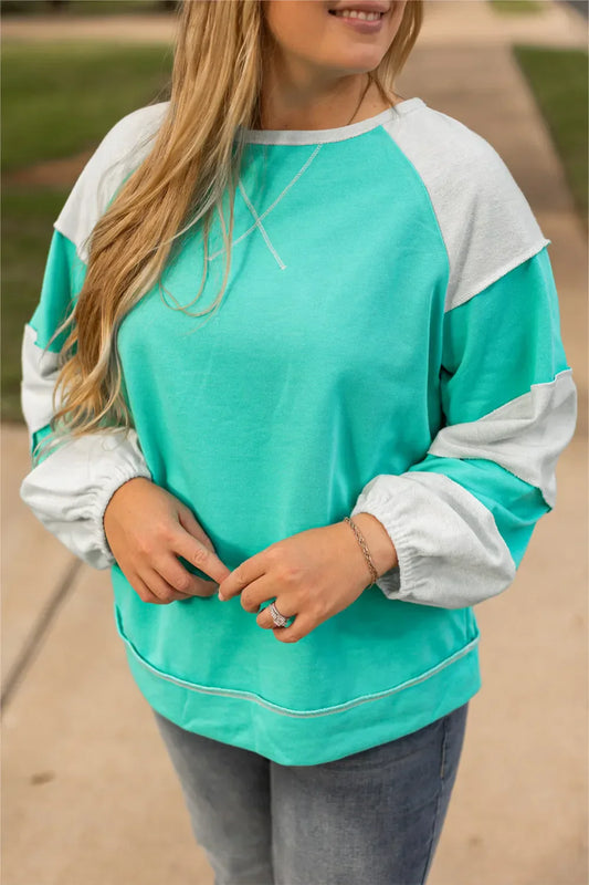 Elena | Plus size color block long sleeve sweatshirt with exposed seams