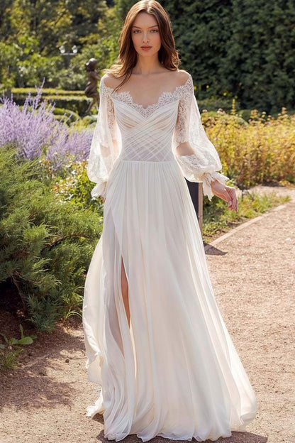 Lace Flowy High Slit Minimalist Reception Dress