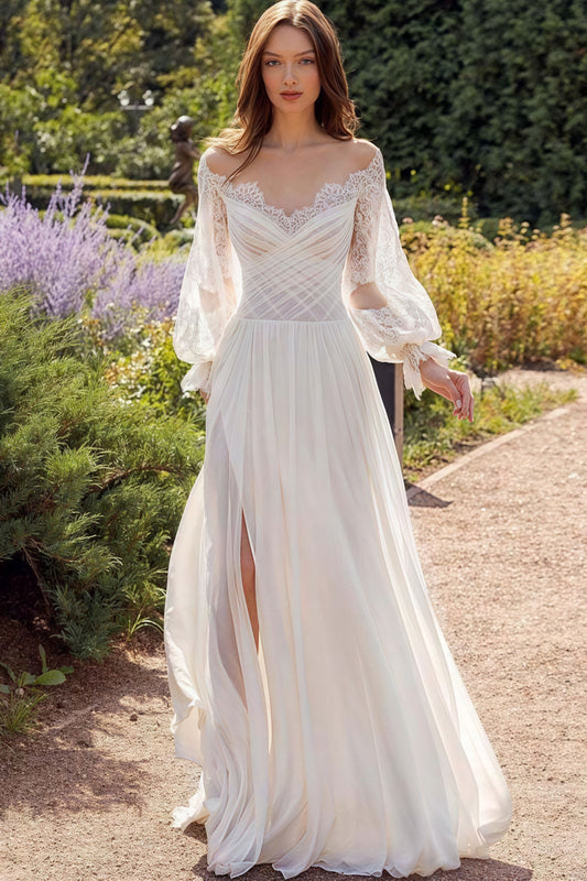 Lace Flowy High Slit Minimalist Reception Dress