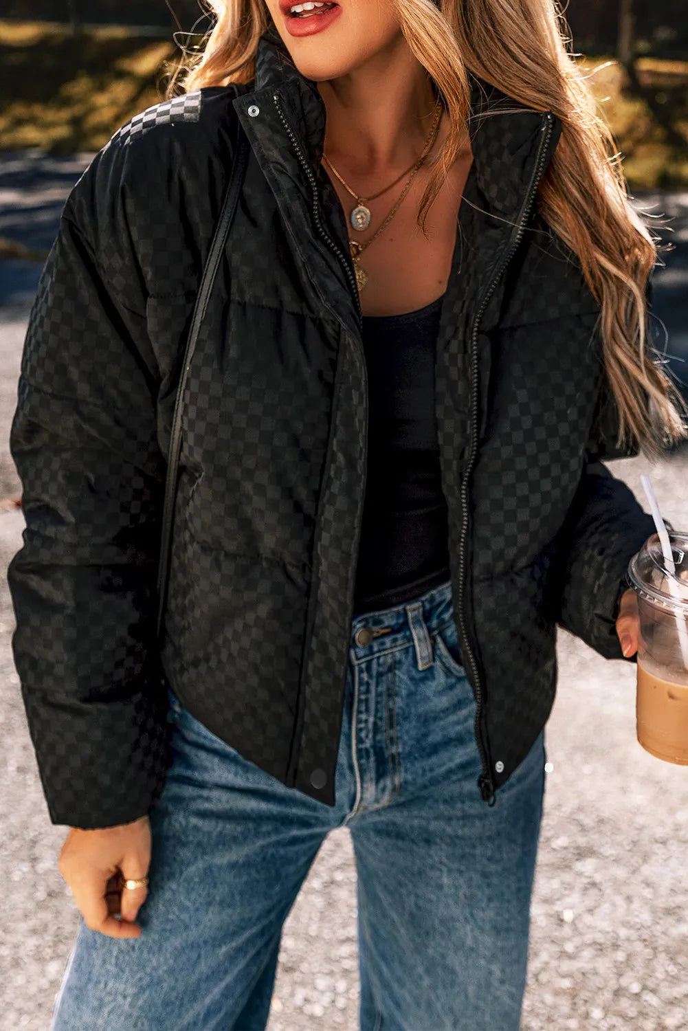 Valeria | Checked turtleneck winter coat with zip and long sleeves