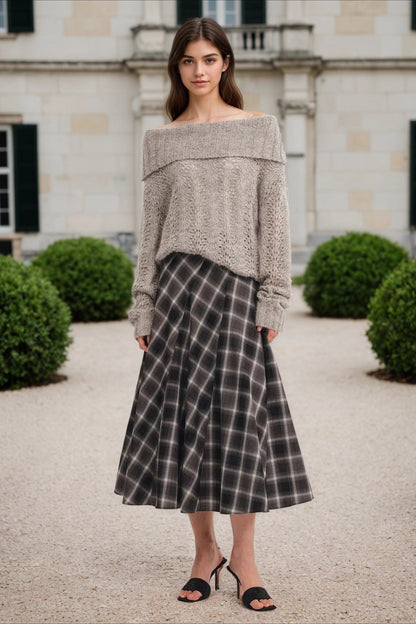 Wool Plaid Waist Defined A-Line Skirt
