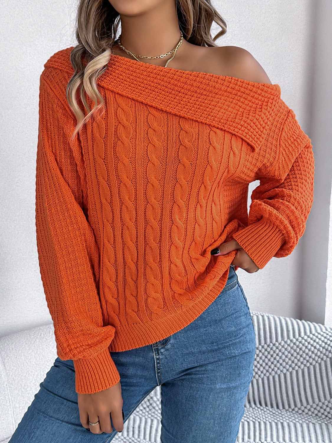 Olivia | Long sleeve cable knit sweater with one shoulder